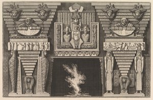 Egyiptomi stílusú kémény: bal oldalon két profilú múmia és két figura..., kb. 1769. alkotó: Giovanni Battista Piranesi