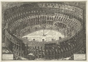 Colosseum Rómában Kilátás a Colosseumként ismert Flavius-amfiteátrumra (cím a tárgyon) Gezichten op Rome (sorozat címe) Róma látképei, amelyeket Giambattista Piranesi építész, Ve (nez) iano tervezett és vésett (sorozat címe) alkotó: Giovanni Battista Piranesi