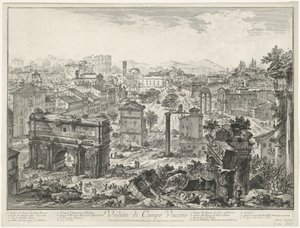 Forum Romanum te Rome Kilátás a Campo Vaccino-ra (cím a tárgyon) Gezichten op Rome (sorozat címe) Róma látképeit Giambattista Piranesi építész, Ve(nez)iano rajzolta és vésette (sorozat címe) alkotó: Giovanni Battista Piranesi