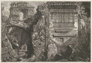 A frontispiece antik romokkal találkozott a diadalút során A „Le Antichità Romane” I. kötetének előlapja I. B. Pranesius Venet Róma, korában élve az utókornak és a javára alkotó: Giovanni Battista Piranesi