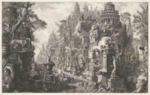 Elülső része a Via Appia Antica fantáziájú alkotásainak A „Le Antichità Romane” II. kötetének előlapja Kilátás az Appian és Ardeatian utak ősi kereszteződésére a 2. kőnél a kapun kívül (cím a tárgyon) Archeologische vondsten in en alkotó: Giovanni Battista Piranesi