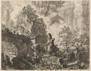 Frontispiece, Fantasy of Ruins Minerva szoborral a középső előtérben, a Vedute di Romából (Római kilátás) alkotó: Giovanni-Battista Piranesi