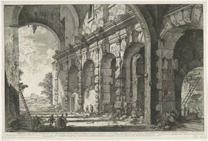 Finanszírozó: Santi Giovanni és Paolo te Rome Kilátás a Serraglio delle Fiere felső emeletére, amelyet Domitianus épített a Flavius-amfiteátrum számára, és közismert nevén Curia Ostilia (cím a tárgyon) Gezichten op Rome (sorozat címe) Nézetek R alkotó: Giovanni Battista Piranesi
