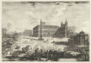 Gezicht op het Lateraan te Rome met de Sint-Jan van Lateranen Kilátás a Piazza-ra és a Laterano-i S. Giovanni-bazilikára (cím a tárgyon) Gezichten op Rome (sorozat címe) Róma kilátását Giambattista Piranesi építész, Ve (nez) ian tervezte és vésette alkotó: Giovanni Battista Piranesi