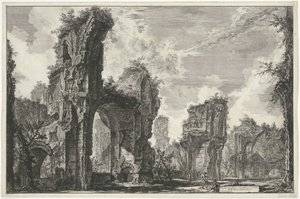 Gezichten op Rome, de Campagna stb. (122 penge) A Sisto romjai vagy az Antoninus-fürdő nagytermének mindkettő (cím a tárgyon) Gezichten op Rome (sorozat címe) Róma látképeit Giambattista Piranesi építész, Ve(nez)iano (komoly) rajzolta és metszett alkotó: Giovanni Battista Piranesi