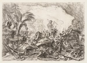 Groteschi: Romok egy faun szoborral és egy ledőlt oszloppal, kb. 1745-50. alkotó: Giovanni Battista Piranesi