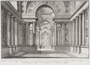 Képzeletbeli ókori templom, a Vesta istennő tiszteletére épült templomok stílusában tervezve: középen áll a nagy oltár, amelyen a Vesta-szüzek őrizték a kiolthatatlan szent tüzet... alkotó: Giovanni Battista Piranesi