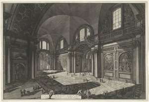 Interieur van de Santa Maria degli Angeli e dei Martiri Rómában Az ősi Madonna degli Anioli della della Certosa templom belső képe, amely a Diocletianus-fürdő főterme volt (cím a tárgyon) Gezichten op Rome (sorozat címe) alkotó: Giovanni Battista Piranesi
