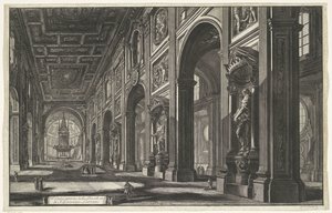 Interieur van de Sint-Jan van Lateranen te Róma A S. Giovanni Laterano-bazilika belső képe (cím a tárgyon) Gezichten op Rome (sorozat címe) Róma látképei, amelyeket Giambattista Piranesi építész, Ve (nez) iano tervezett és vésett (sorozat címe) alkotó: Giovanni Battista Piranesi