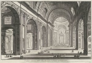 Interieur van de Sint-Pietersbasiliek te Vaticaanstad A vatikáni Szent Péter-bazilika belső képe (cím a tárgyon) Gezichten op Rome (sorozat címe) Róma látképeit Giambattista Piranesi építész, Ve(nez)iano rajzolta és metszett (ti sorozat alkotó: Giovanni Battista Piranesi