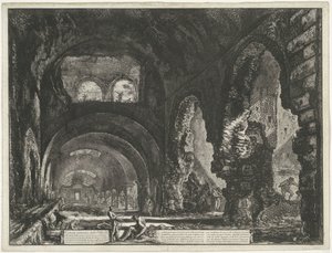 Interieur van de Tempel Hercules Victor te Tivoliban A Villa di Mecenate belső képe (cím a tárgyon) Gezichten op Rome (sorozat címe) Róma látképeit Giambattista Piranesi építész, Ve(nez)iano rajzolta és vésette (sorozat címe) alkotó: Giovanni Battista Piranesi