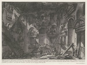 Interieur van graftombe bij Vigna Casali A Vigna Casali sírkamrájának belső képe a Porta S. Sebastiano-nál (cím a tárgyon) Archeologische vondsten in en rond Rome (sorozat címe) Római régiségek (sorozat címe) alkotó: Giovanni Battista Piranesi