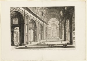 A vatikáni Szent Péter-bazilika belső nézete, a Views of Rome című kiadványból. alkotó: Giovanni-Battista Piranesi