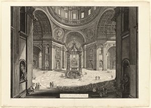 A vatikáni Szent Péter-bazilika belső nézete, a Tribün közelében, a Views of Rome (Nézetek Rómáról) című kiadványból. alkotó: Giovanni Battista Piranesi