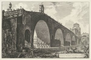 Milvische brug te Róma Kilátás a Ponte Molle-ra a Tiberis felett, két mérföldre Rómától (cím a tárgyon) Gezichten op Rome (sorozat címe) Róma látképei, amelyeket Giambattista Piranesi építész, Ve (nez) iano tervezett és vésett (sorozat címe) alkotó: Giovanni Battista Piranesi