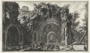 Nymphaeum van Egeria Rómában Kilátás a forrásra és az egyiptomi barlangokra a Porta Capena vagy di S. Seb.n kívül (...) (cím az objektumon) Gezichten op Rome (sorozat címe) Róma kilátását Giambattista Piranesi építész, Ve (nez) ian tervezte és vésette alkotó: Giovanni-Battista Piranesi