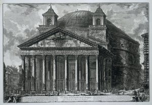 Pantheon Rómában Kilátás az Agrippai Panteonra ma S. Maria ad Martyres templom (cím a tárgyon) Gezichten op Rome (sorozat címe) Róma látképei, amelyeket Giambattista Piranesi építész, Ve (nez) iano tervezett és vésett (sorozat címe) alkotó: Giovanni Battista Piranesi