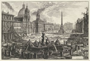 Piazza Navona Rómában Kilátás a Piazza Navonára az Agonale Circus romjai felett (cím az objektumon) Gezichten op Rome (sorozat címe) Róma látképeit Giambattista Piranesi építész, Ve(nez)iano rajzolta és vésette (sorozat címe) alkotó: Giovanni-Battista Piranesi