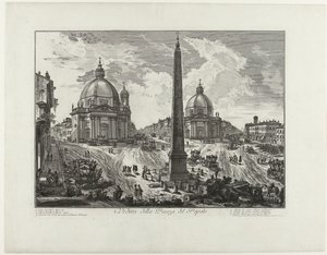 Piazza del Popolo Rómában (cím a tárgyon) Kilátás a Piazza del Popolo-ra (cím a tárgyon) Gezichten op Rome (sorozat címe) Róma látképeit Giambattista Piranesi építész, Ve(nez)iano rajzolta és vésette (sorozat címe) alkotó: Giovanni Battista Piranesi