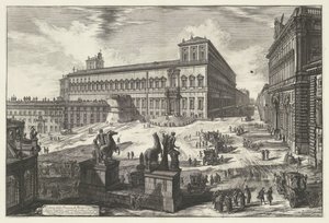 Piazza del Quirinale te Róma Kilátás a Piazza di Monte Cavallo-ra (cím a tárgyon) Gezichten op Rome (sorozat címe) Róma látképei, amelyeket Giambattista Piranesi építész, Ve (nez) iano tervezett és vésett (sorozat címe) alkotó: Giovanni Battista Piranesi