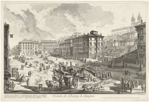 Piazza di Spagna te Róma Kilátás a Piazza di Spagna-ra (cím a tárgyon) Gezichten op Rome (sorozat címe) Róma látképei, amelyeket Giambattista Piranesi építész, Ve (nez) iano tervezett és vésett (sorozat címe) alkotó: Giovanni Battista Piranesi