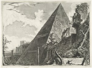 Piramide van Cestius te Róma C. Cestio piramisa (cím a tárgyon) Gezichten op Rome (sorozat címe) Róma látképei, amelyeket Giambattista Piranesi építész, Ve (nez) iano tervezett és vésett (sorozat címe) alkotó: Giovanni Battista Piranesi