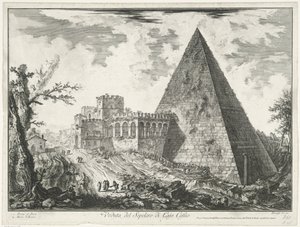 Piramide van Cestius te Róma Kilátás Cajo Castio sírjára (cím a tárgyon) Gezichten op Rome (sorozat címe) Róma látképei, amelyeket Giambattista Piranesi építész, Ve (nez) iano tervezett és vésett (sorozat címe) alkotó: Giovanni-Battista Piranesi