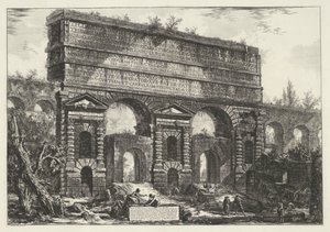Porta Maggiore Rómában Kilátás a Titus Vespasianus császár által állított emlékműre (...) (cím a tárgyon) Gezichten op Rome (sorozat címe) Róma látképei, amelyeket Giambattista Piranesi építész, Ve (nez) iano tervezett és vésett (sorozat címe) alkotó: Giovanni-Battista Piranesi