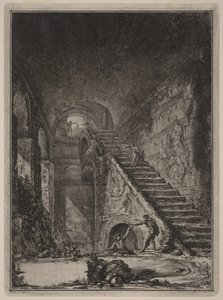 A már említett szállások víztárolójának lépcsőjének perspektívája, az alaprajzon a XIII. táblán G betűvel jelölve. alkotó: Giovanni Battista Piranesi