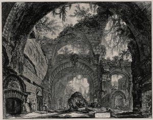 Szoborgaléria romjai a Tivoli melletti Hadrianus-villában (a Vedute di Roma című műből) alkotó: Giovanni Battista Piranesi