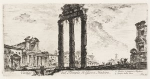 Ruins of the Temple of the Temple of Jupiter Stator [Jupiter the Supporter]. 1. Antoninus és Faustina temploma. 2. Béke temploma, 10. tábla néhány diadalívről és más emlékművekről alkotó: Giovanni Battista Piranesi