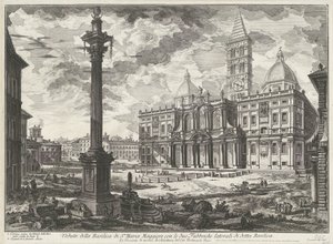 Santa Maria Maggiore Rómában Kilátás a Santa Maria Maggiore-bazilikára az említett bazilika két oldalsó gyárával (cím a tárgyon) Gezichten op Rome (sorozat címe) Giambattista Piranesi építész, Ve (nez) ia által tervezett és metszett római kilátások alkotó: Giovanni-Battista Piranesi