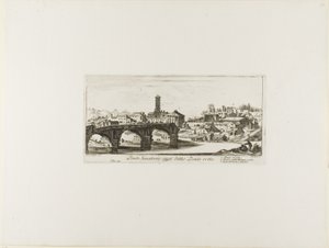 Szenátori híd, ma Ponte Rotto [Törött híd]. 1. Vesta temploma. 2. Fortuna Virilis temploma. 3. Az ókori Palatinus egy része, 14. tábla a Some Views of Triumphal Arches and other Monuments (Diadalívek és más műemlékek néhány nézete) című kötetből. alkotó: Giovanni Battista Piranesi
