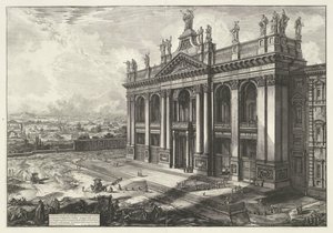 Sint-Jan van Lateranen te Róma Kilátás a S. Giovanni Laterano-bazilika homlokzatára (...) (cím a tárgyon) Gezichten op Rome (sorozat címe) Róma látképeit Giambattista Piranesi építész, Ve(nez)iano rajzolta és vésette (sorozat címe) alkotó: Giovanni Battista Piranesi