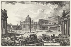 Sint-Pietersplein met de Sint-Pietersbasiliek te Vaticaanstad Kilátás a nagy térre és a Szent Péter-bazilikára (...) (cím a tárgyon) Gezichten op Rome (sorozat címe) Róma kilátását Giambattista Piranesi építész, Ve (nez) iano (s) tervezte és metszett alkotó: Giovanni Battista Piranesi