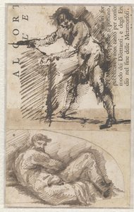 Egy talapzatot mérő álló férfialak tanulmánya (a). Tanulmány Michelangelo Il Giorno című műve után (b) alkotó: Giovanni Battista Piranesi