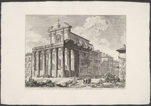 Tempel van Antoninus és Faustina te Róma Kilátás Antoninus és Faustina templomára a Campo Vaccinoban (cím a tárgyon) Gezichten op Rome (sorozat címe) Róma kilátásai, amelyeket Giambattista Piranesi építész, Ve (nez) iano tervezett és vésett (sorozat címe) alkotó: Giovanni Battista Piranesi