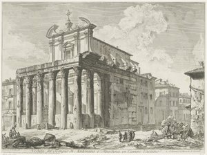 Tempel van Antoninus és Faustina te Róma Kilátás Antoninus és Faustina templomára a Campo Vaccinoban (cím a tárgyon) Gezichten op Rome (sorozat címe) Róma kilátásai, amelyeket Giambattista Piranesi építész, Ve (nez) iano tervezett és vésett (sorozat címe) alkotó: Giovanni Battista Piranesi