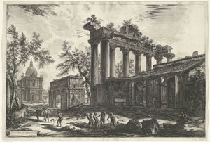 Tempel van Saturnus Rómában Egy másik nézet a Concordia-templom Pronaos maradványairól (cím a tárgyon) Gezichten op Rome (sorozat címe) Róma látképei, amelyeket Giambattista Piranesi építész, Ve (nez) iano tervezett és vésett (sorozat címe) alkotó: Giovanni Battista Piranesi