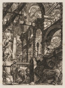 The Prisons: A Perspective of Roman Arches, with Two Lions Carved in Relief..., 1745-50. alkotó: Giovanni Battista Piranesi