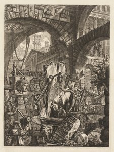 A börtönök: Építészeti medly, egy ember a sziklán az előtérben alkotó: Giovanni Battista Piranesi