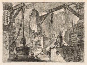 A börtönök: oszlopos belső tér széles lépcsővel, 1745-1750. alkotó: Giovanni Battista Piranesi
