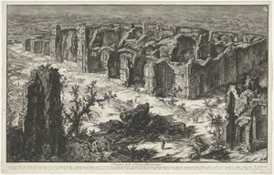 Thermen van Caracalla Rómában Az Antoninus-fürdő romjai (cím a tárgyon) Gezichten op Rome (sorozat címe) Róma látképei, amelyeket Giambattista Piranesi építész, Ve (nez) iano tervezett és vésett (sorozat címe) alkotó: Giovanni Battista Piranesi