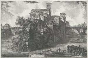 Tibereiland te Róma Kilátás a Tiberis-szigetre (cím a tárgyon) Gezichten op Rome (sorozat címe) Róma látképei, amelyeket Giambattista Piranesi építész, Ve (nez) iano tervezett és vésett (sorozat címe) alkotó: Giovanni Battista Piranesi