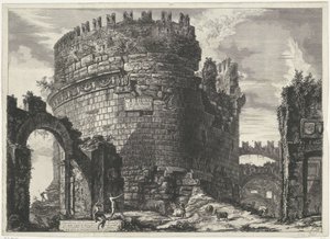 Tombe van Caecilia Metella Rómában Cecilia Metell sírja (...) (cím az objektumon) Gezichten op Rome (sorozat címe) Róma látképei, amelyeket Giambattista Piranesi építész, Ve (nez) iano tervezett és vésett (sorozat címe) alkotó: Giovanni Battista Piranesi