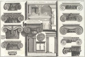 Különféle római jón fővárosok a görög példákkal összehasonlítva..., 18. század közepe. alkotó: Giovanni Battista Piranesi