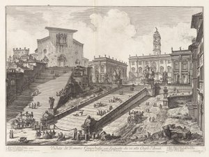 Kilátás a római Capitoliumra, a lépcsőházzal felfelé alkotó: Giovanni Battista Piranesi