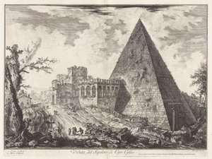 Kilátás a Sepolcro di Cajo Cestióra (Caius Cestius piramis sírjának képe [a Porta S. Paoloval balra]), a Vedute di Romáról (Róma látképe) alkotó: Giovanni Battista Piranesi