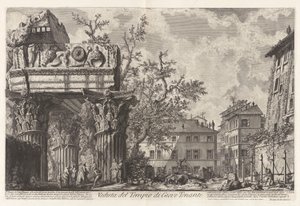 Veduta del Tempio di Giove Tonante (Jupiter Tonans [Jupiter, a Mennydörgés; valójában Vespasianus és Titus temploma]) a Vedute di Roma (Róma látképe) alkotó: Giovanni Battista Piranesi