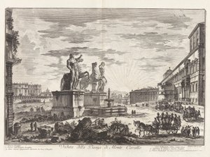 Kilátás a Piazza di Monte Cavallo-ra (Kilátás a Piazza di Monte Cavallo-ra [ma Piazza del Quirinale a Quirinal-palotával]), a Vedute di Romáról (Róma látképe) alkotó: Giovanni-Battista Piranesi